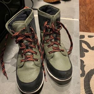 Sorel boots. Size 9.5 . Army green with black trim. Orange/black shoestrings.